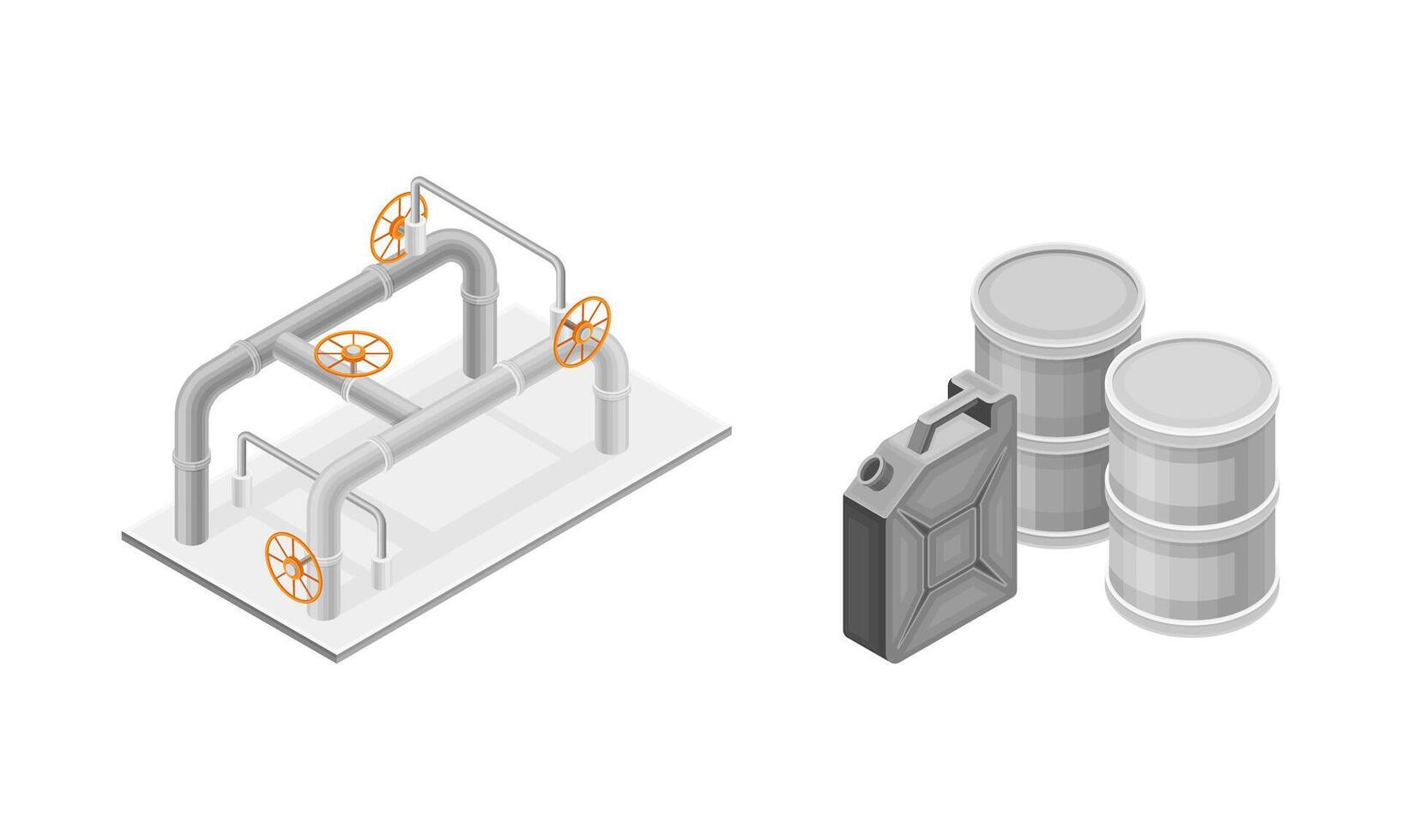 Oil refinery plant elements set. Pipeline, barrels and canisters isometric illustration vector