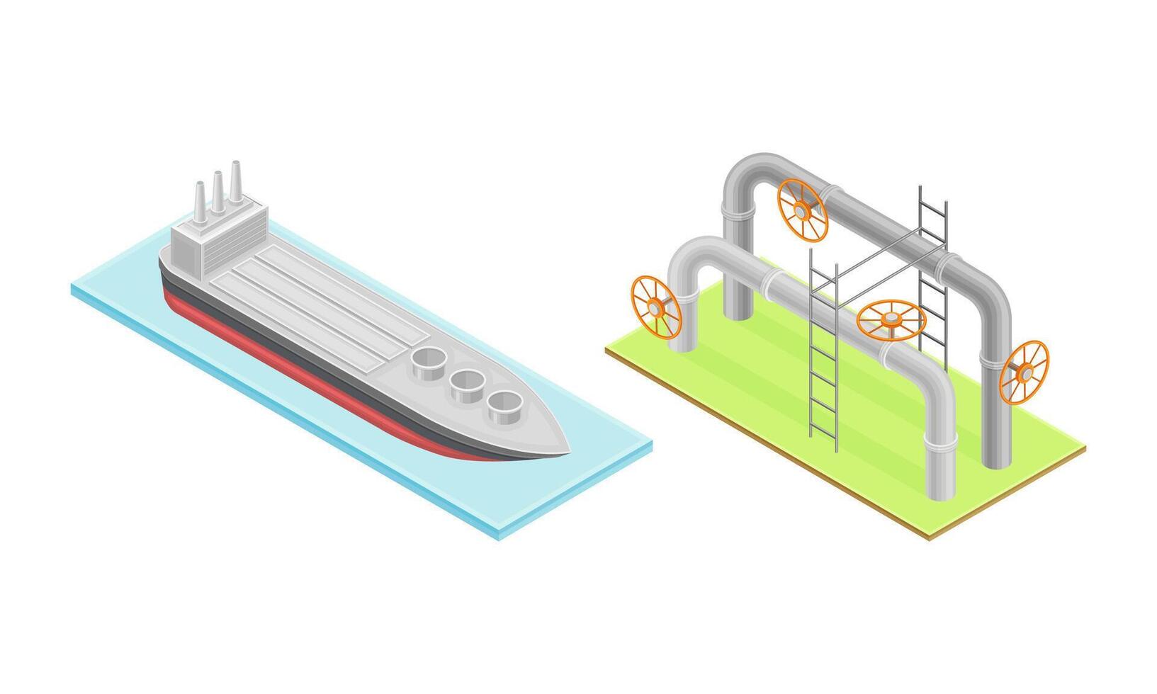 Oil gas industry elements set. Pipeline and oil tanker ship isometric illustration vector