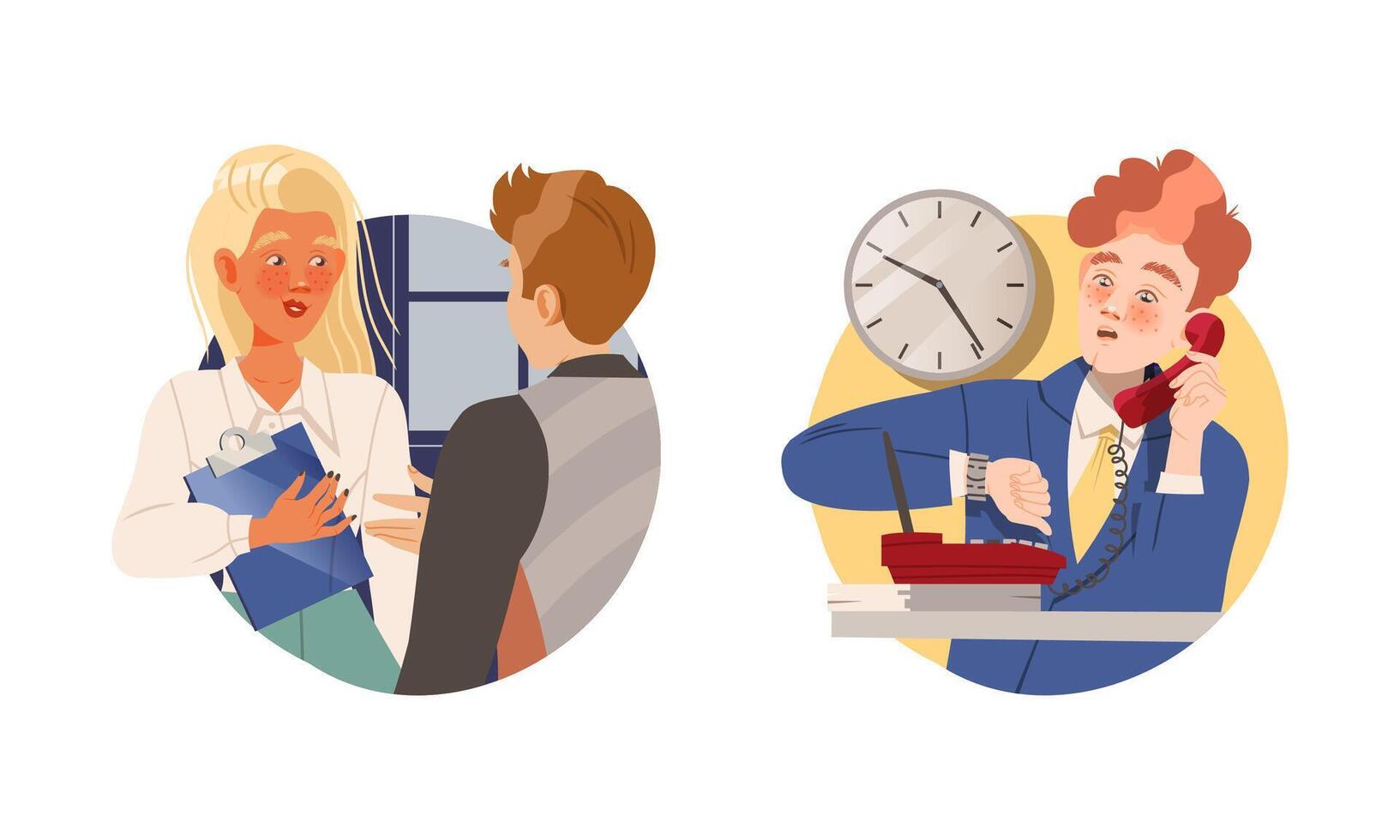 Office employees performing various activities set. People talking with each other and on on phone cartoon illustration vector