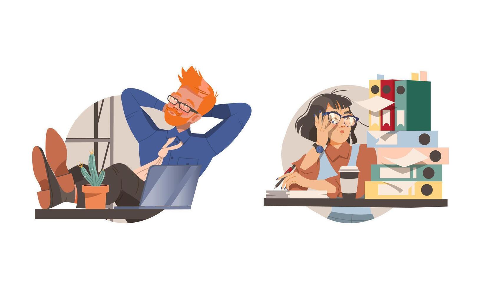 Office employees performing various activities set. Relaxed and overworked business people cartoon illustration vector
