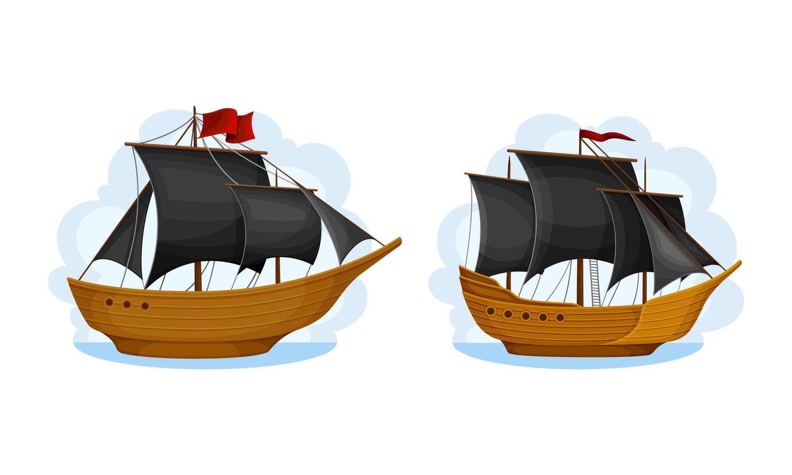 Ship with black sails set. Vintage sailing vessels cartoon illustration vector