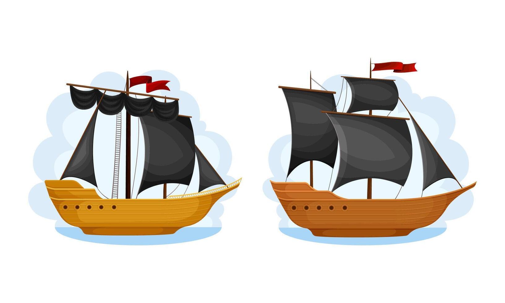 Pirate ship with black sails set. Vintage sailing ship cartoon illustration vector