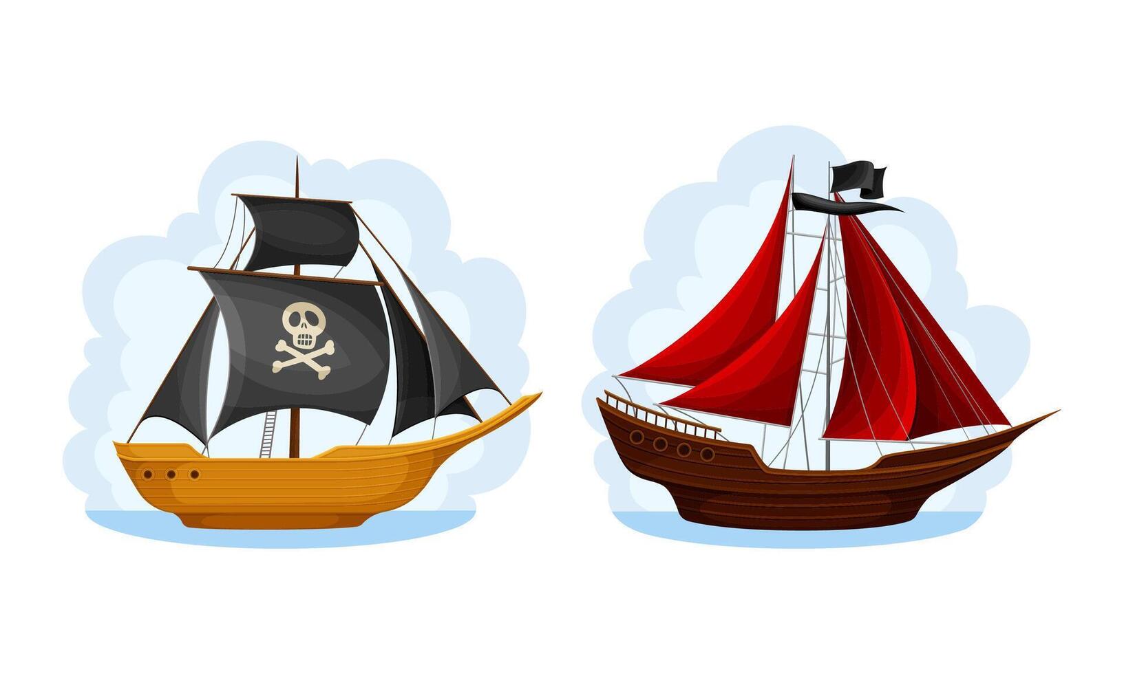 Ship with black and red sails set. Vintage sailing ships, black flags with skull bones cartoon illustration vector