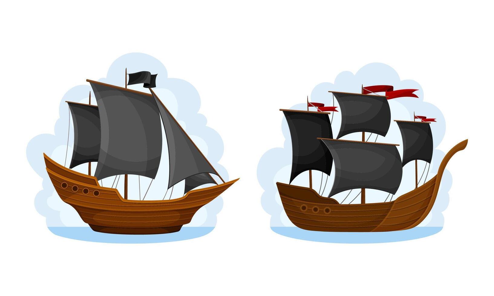 Pirate ship with black sails set cartoon illustration vector