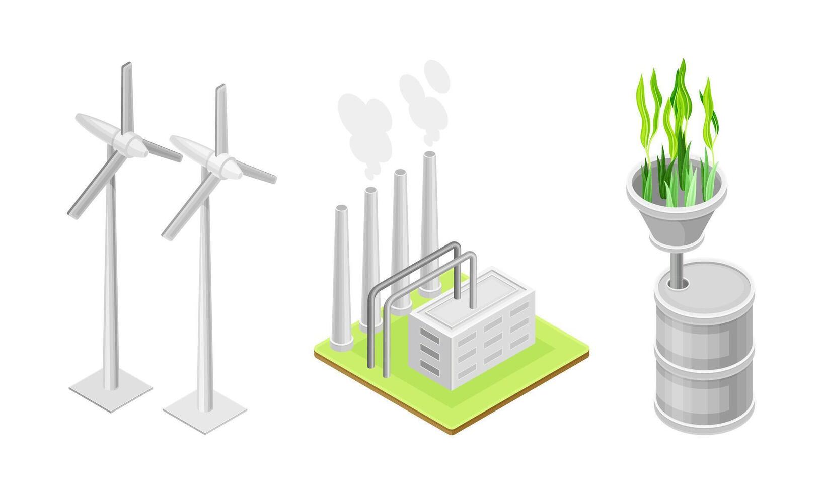 Clean energy production. Sources of renewable environment friendly electricity production isometric illustration vector