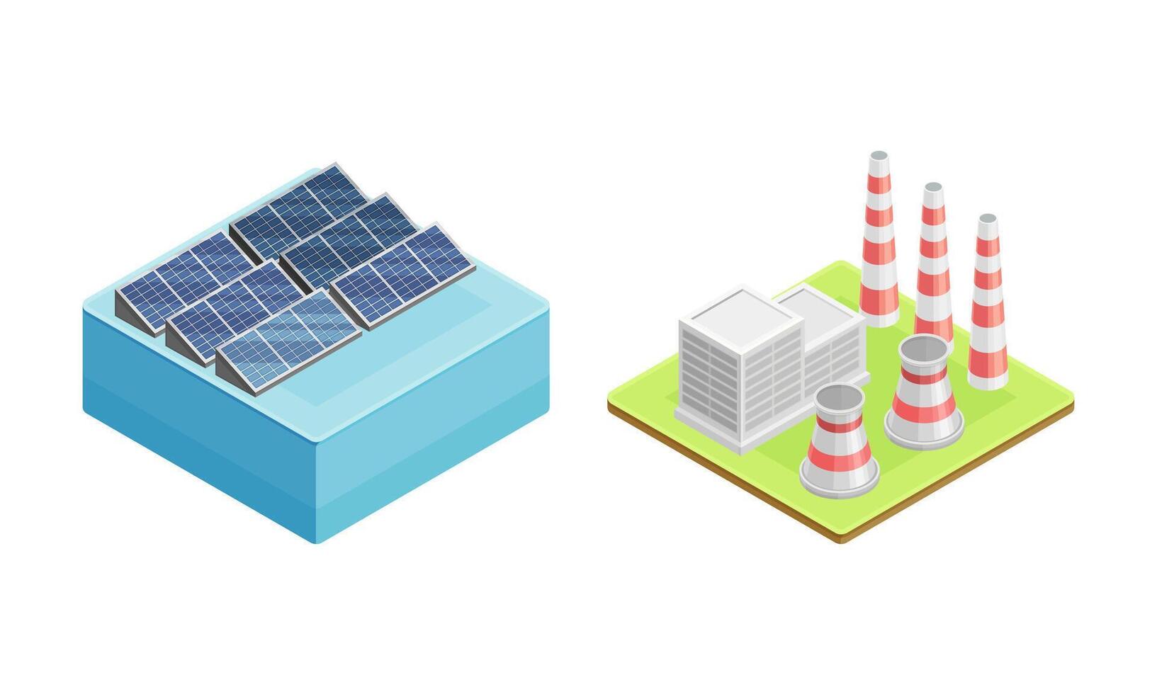 Alternative power sources set. Electric power station. Clean energy production isometric illustration vector