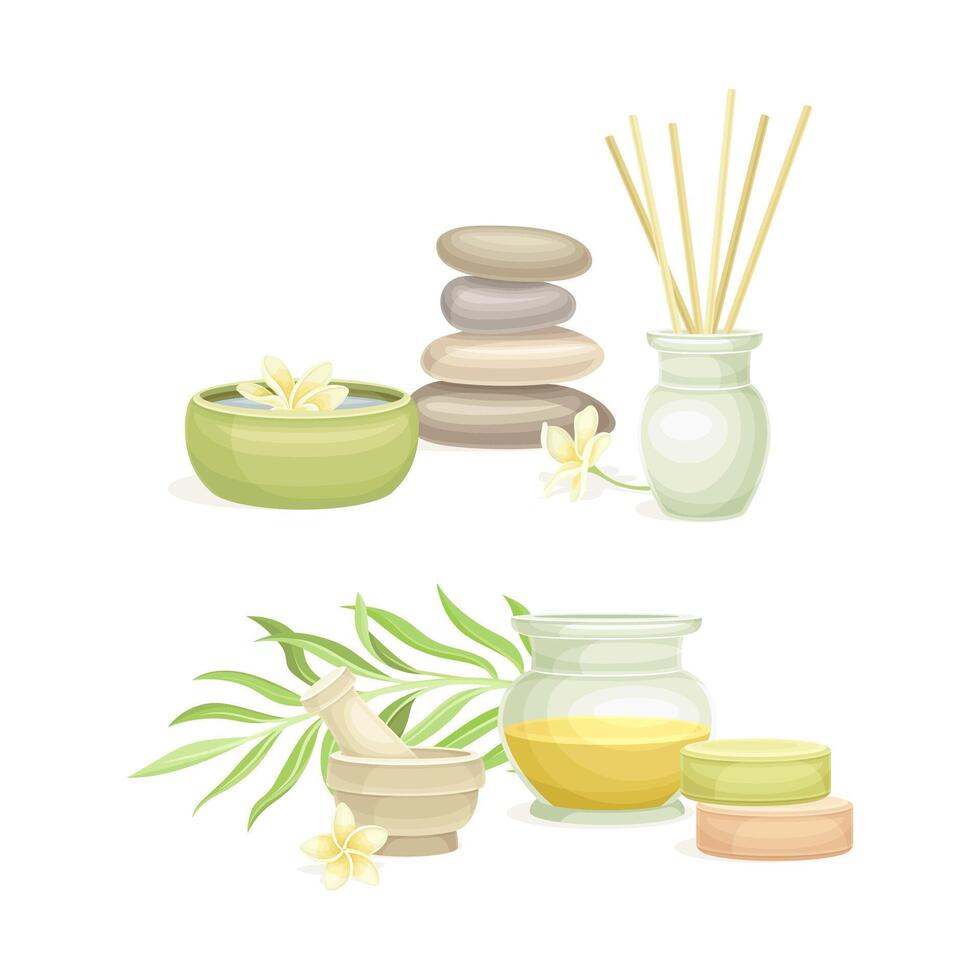 Spa objects set. Aromatic reed diffuser, pebble stones, oil. Beauty routine and skin care illustration vector