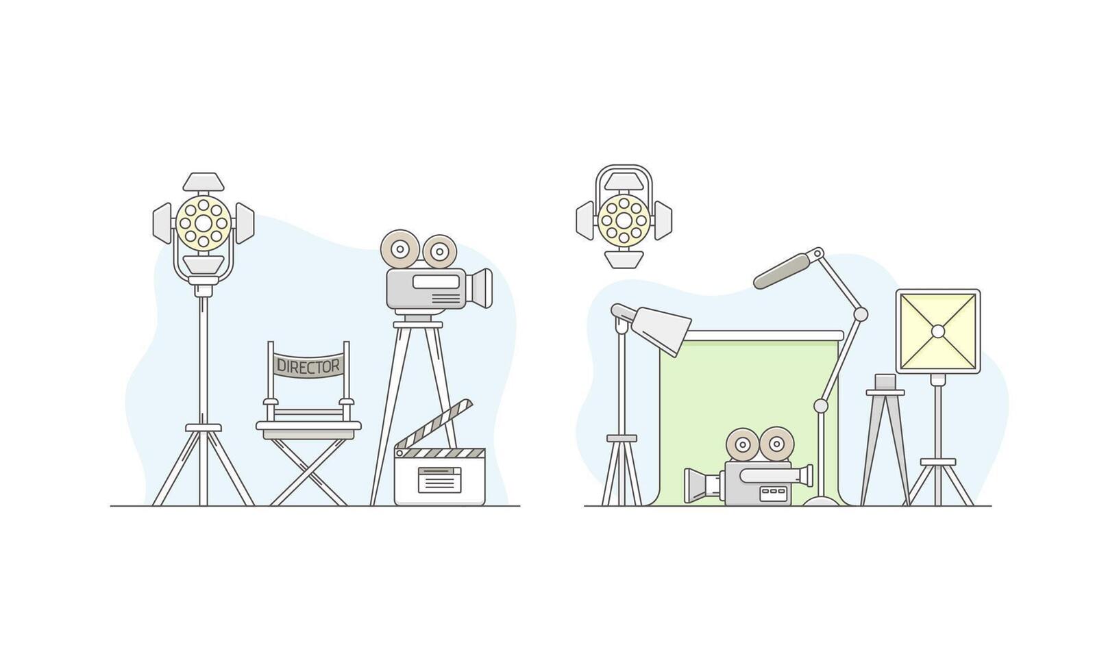 Cinema movie objects set. Director chair, movie camera with film reels, searchlight and clapperboard illustration vector