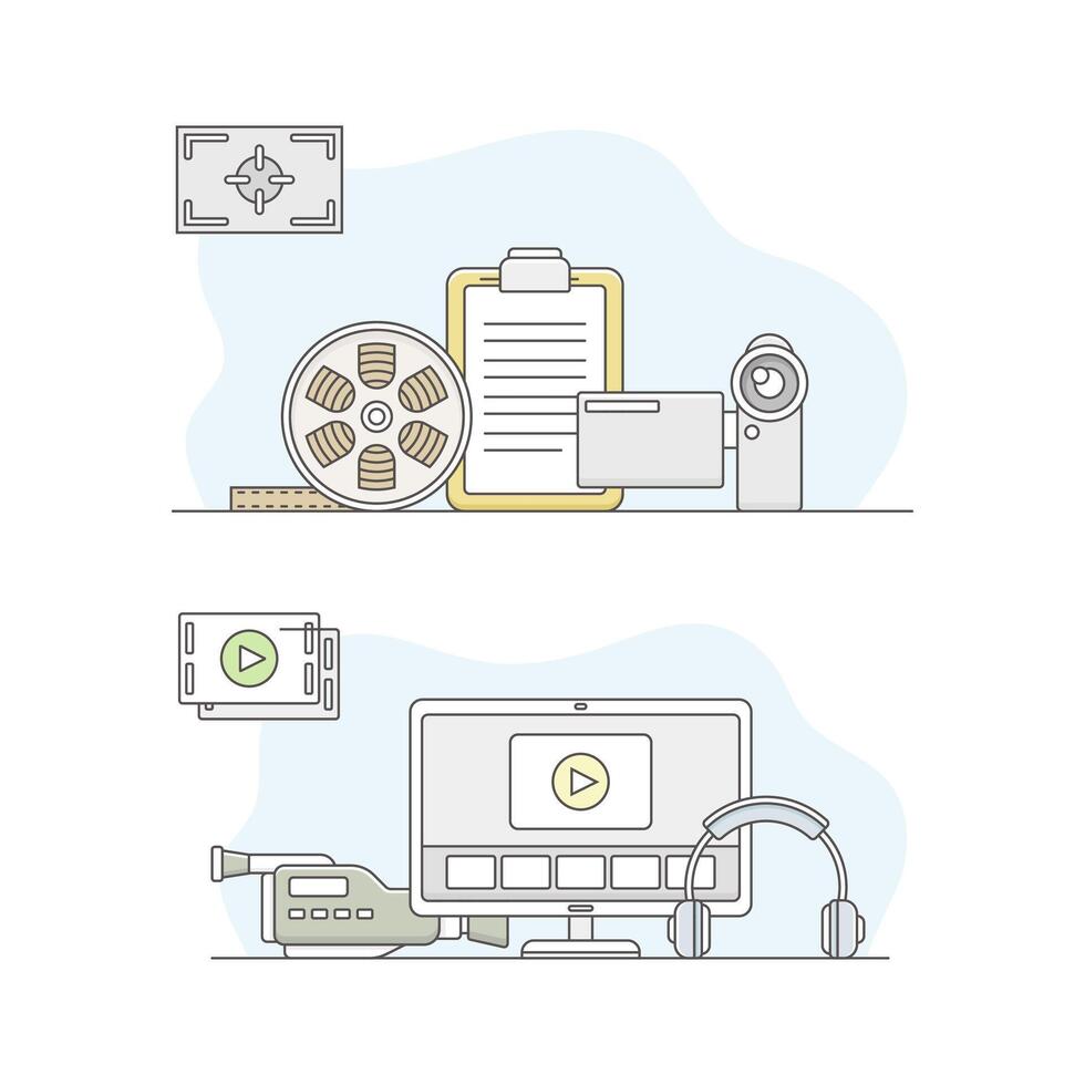 Cinema and photographic equipment set. Movie camera, computer, headphones illustration vector