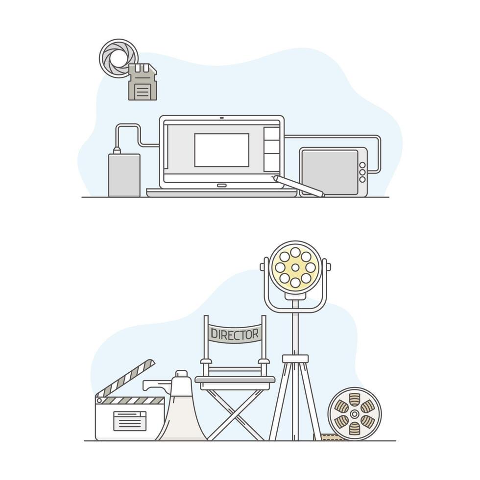 Cinema movie objects set. Director chair, film reel, searchlight, clapperboard and laptop computer illustration vector