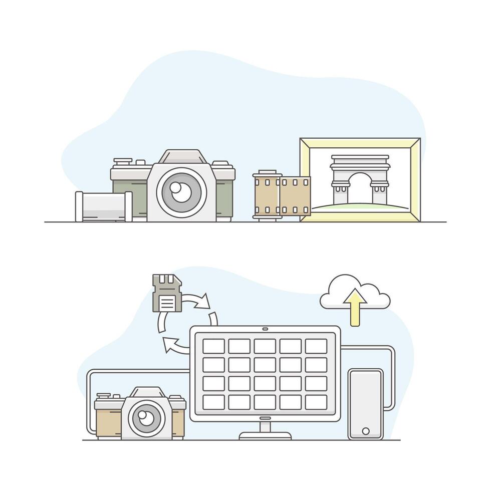 Photographic equipment set. Film, laptop computer and camera illustration vector