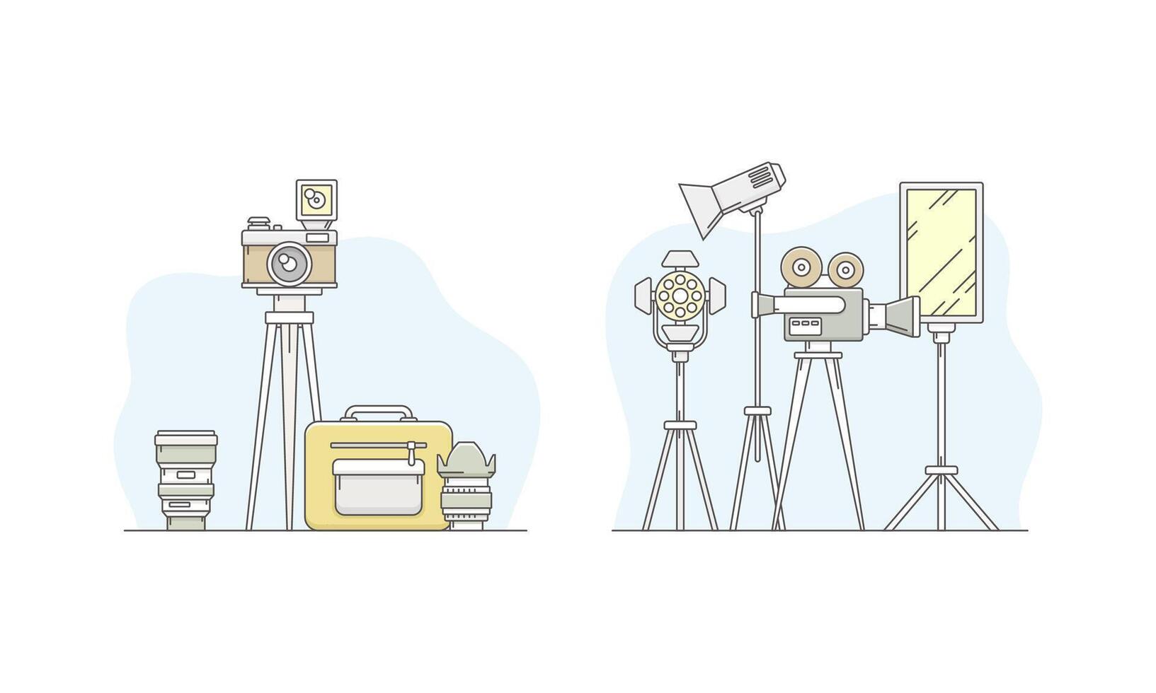 Cinema and photographic equipment set. Movie and photo cameras on tripod, searchlight, reflector illustration vector