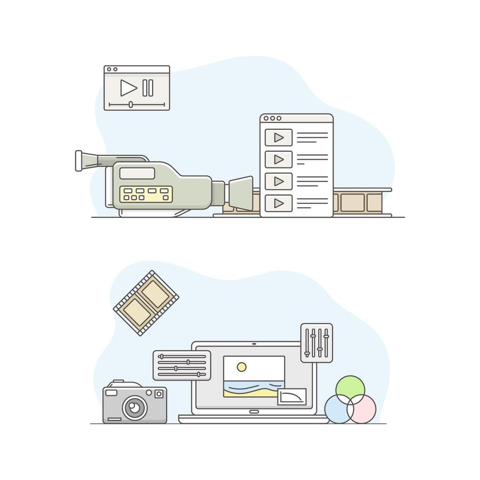 Photographic and movie equipment set. Camcorder, film, laptop computer and camera illustration vector
