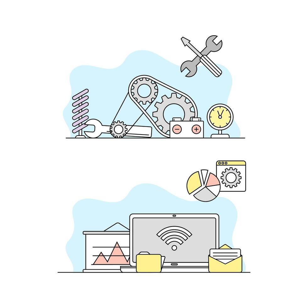 Education and science concept. Data storage and analysing, repair equipment and tools set illustration vector