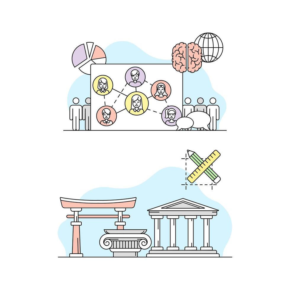 Education and science concept. Sociology and architecture objects illustration vector