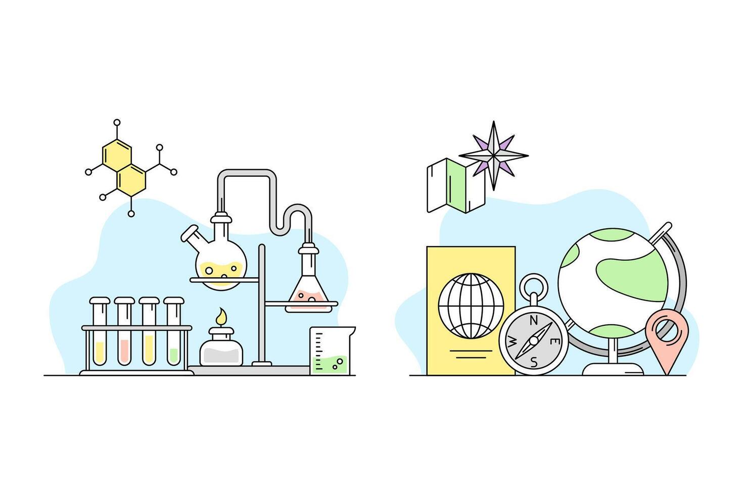 Education and science concept. Chemistry laboratory science equipment and geography objects illustration vector