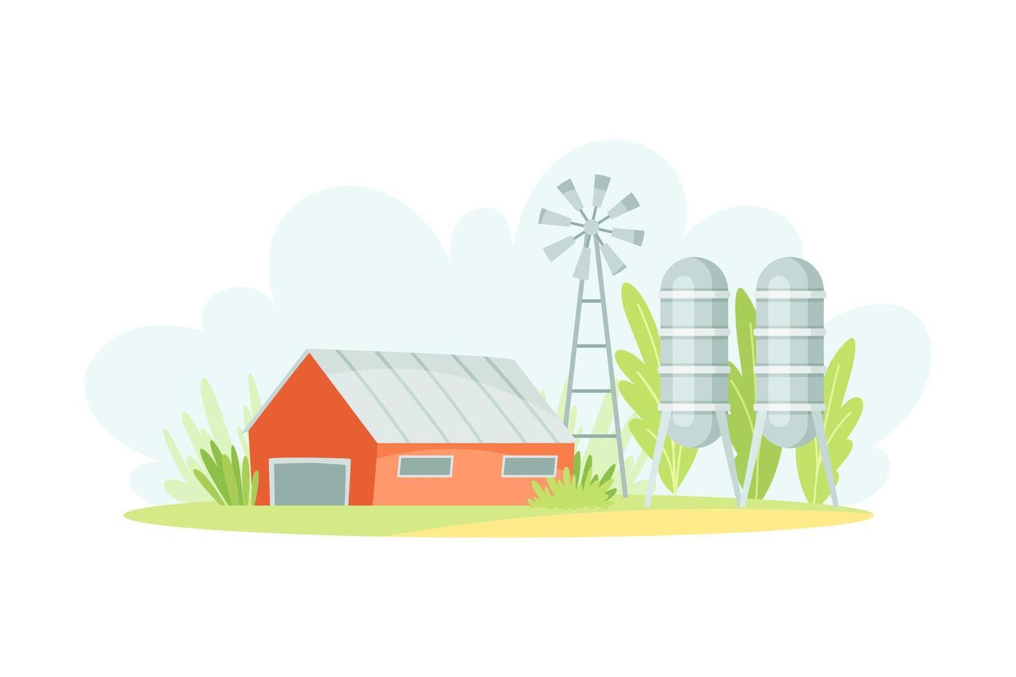 Farm buildings. Red barn, silo tower and windmill illustration vector