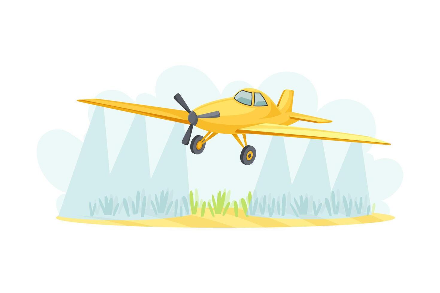 Airplane spraying field, agricultural farming machinery illustration vector