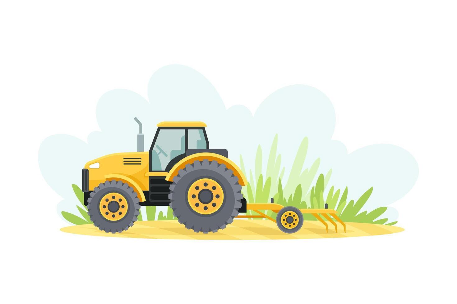 Yellow tractor with agricultural instrument illustration on white background vector