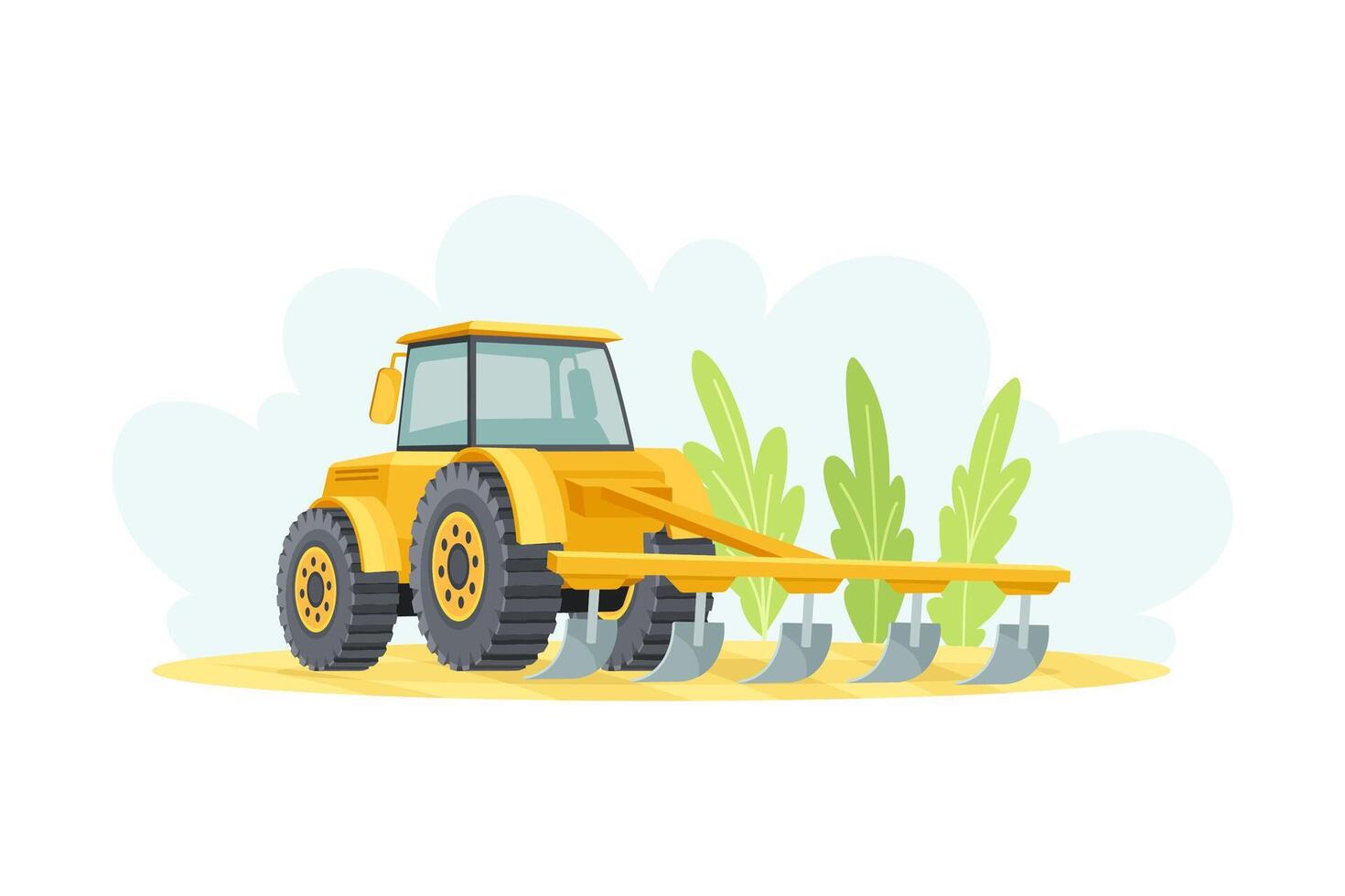 Yellow tractor with plow agricultural instrument illustration vector