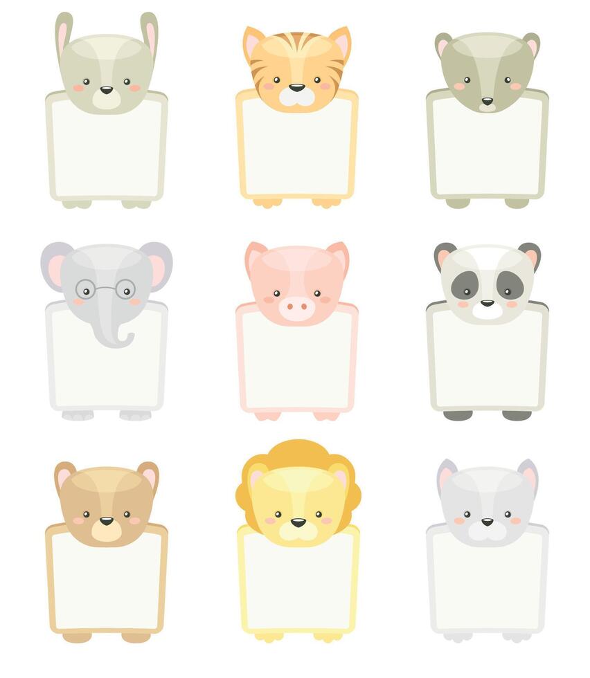 Frames with animal heads set. Note book page, notes, memories and stickers decorated with cute wild animals cartoon illustration vector