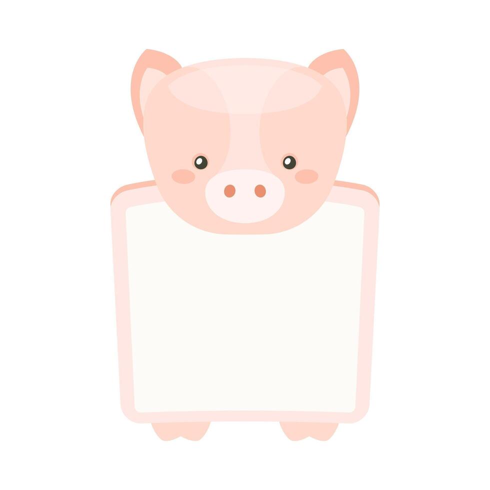 Frame decorated with piglet head. Photo album, note book page, notes, memories and stickers with lovely baby animal cartoon illustration vector