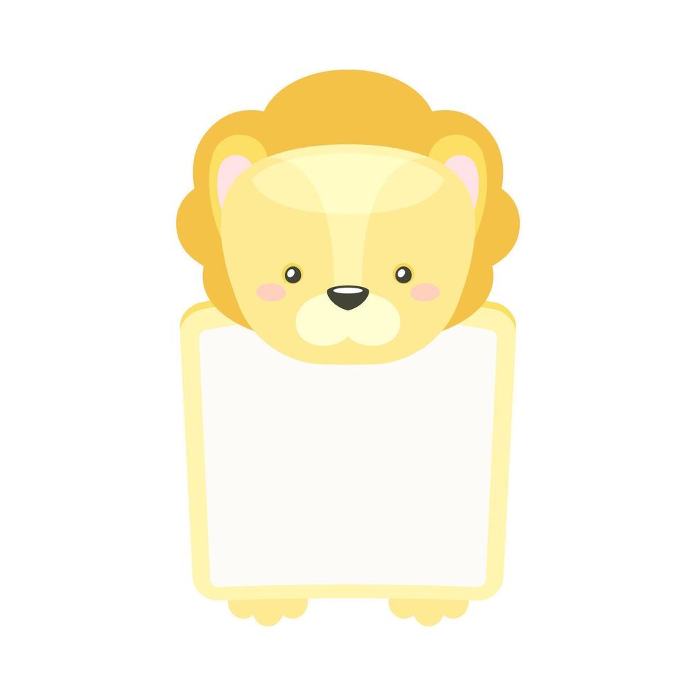 Frame decorated with lion cub head. Photo album, note book page, notes, memories and stickers with lovely baby animal cartoon illustration vector