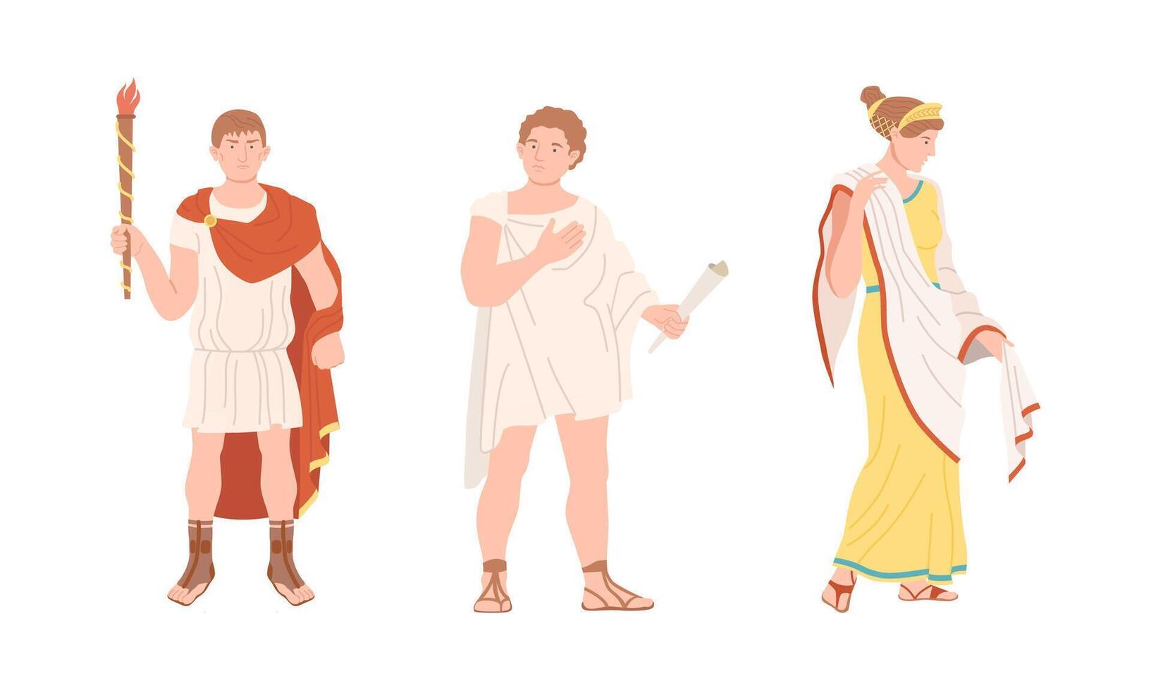 Roman citizens in traditional clothing set. Ancient Rome citizen characters in white tunic and sandals cartoon illustration vector