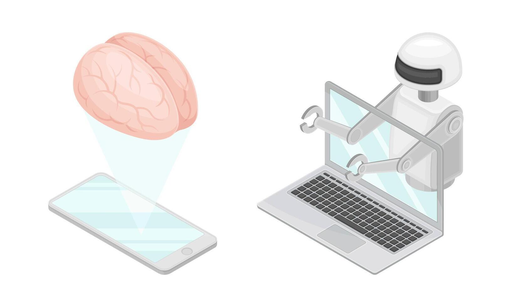 Artificial Intelligence, hi-tech technologies. Robotic artificial objects isometric illustration vector