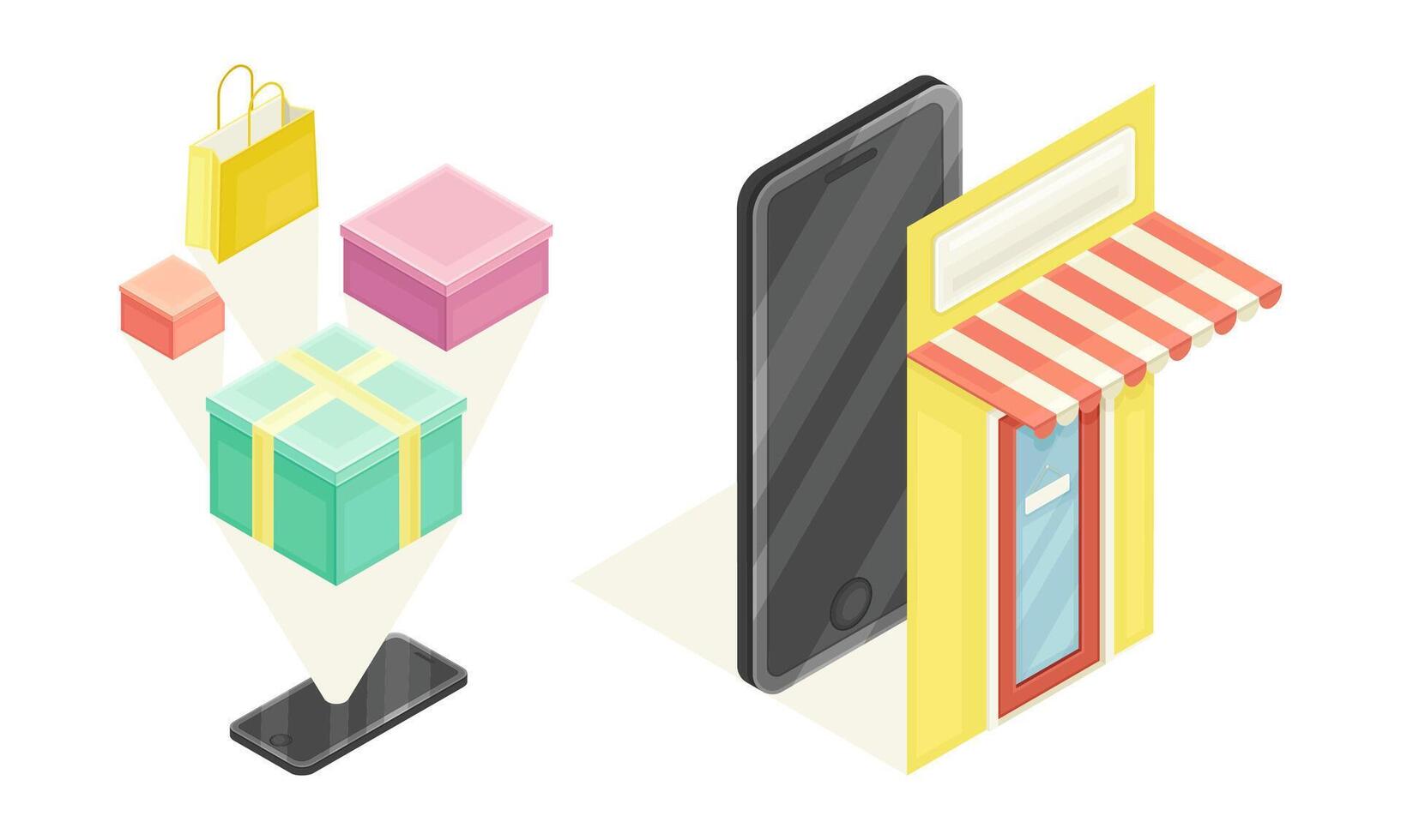 Online shopping elements set. Mobile app shopping and gift boxes. E-commerce concept isometric illustration vector