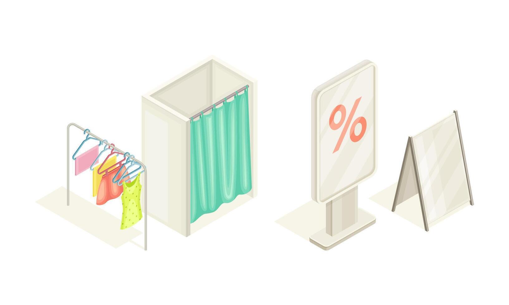 Online shopping elements set. Dressing room and trade exhibition stand displays. E-commerce concept isometric illustration vector