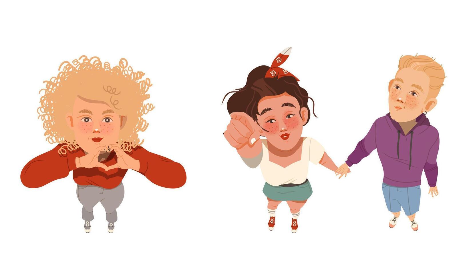 Set of people looking up. View from above of teenagers doing hand gestures cartoon illustration vector