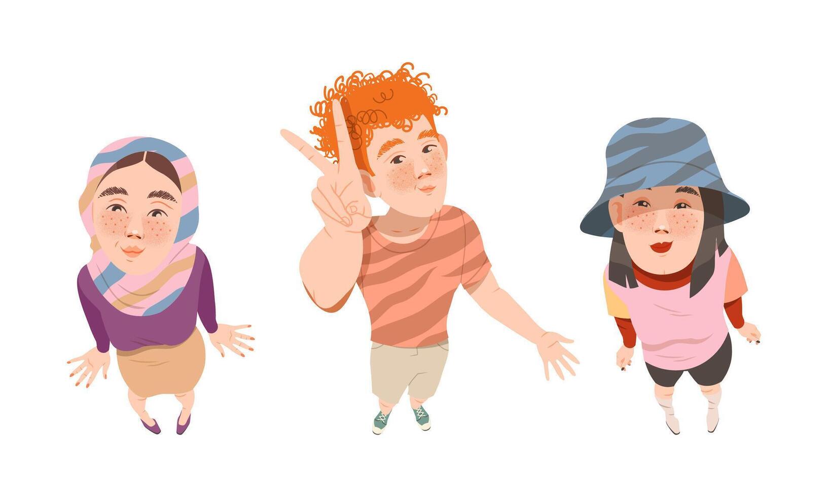 Set of young people looking up. View from above of teenage boy and girl cartoon illustration vector