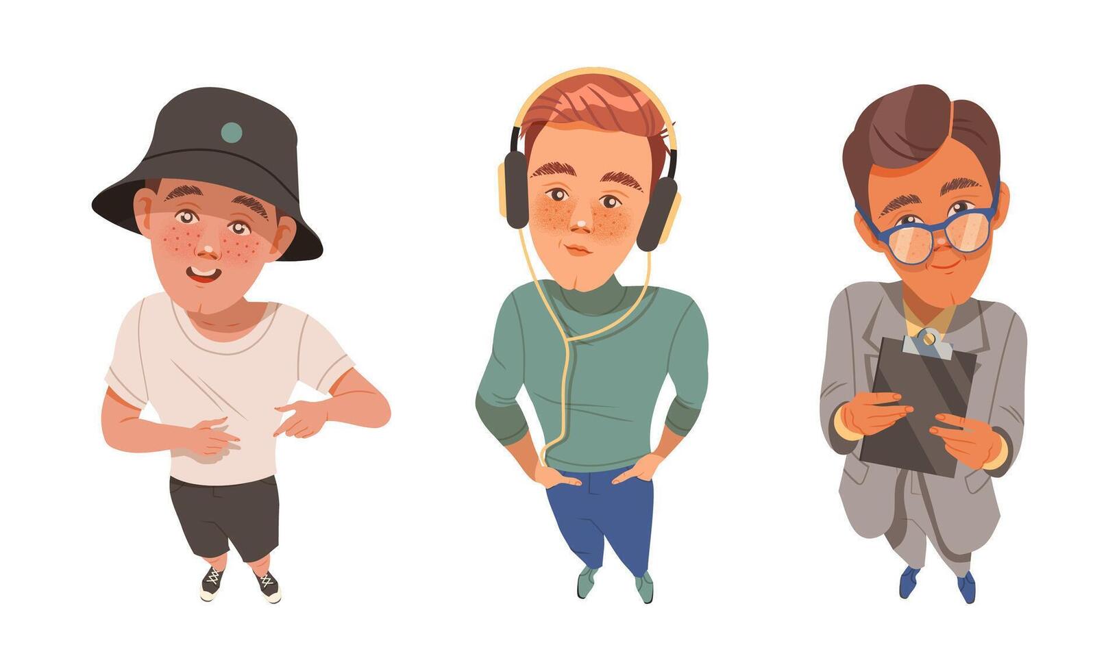 Set of young people looking up. View from above of teenage boy students cartoon illustration vector