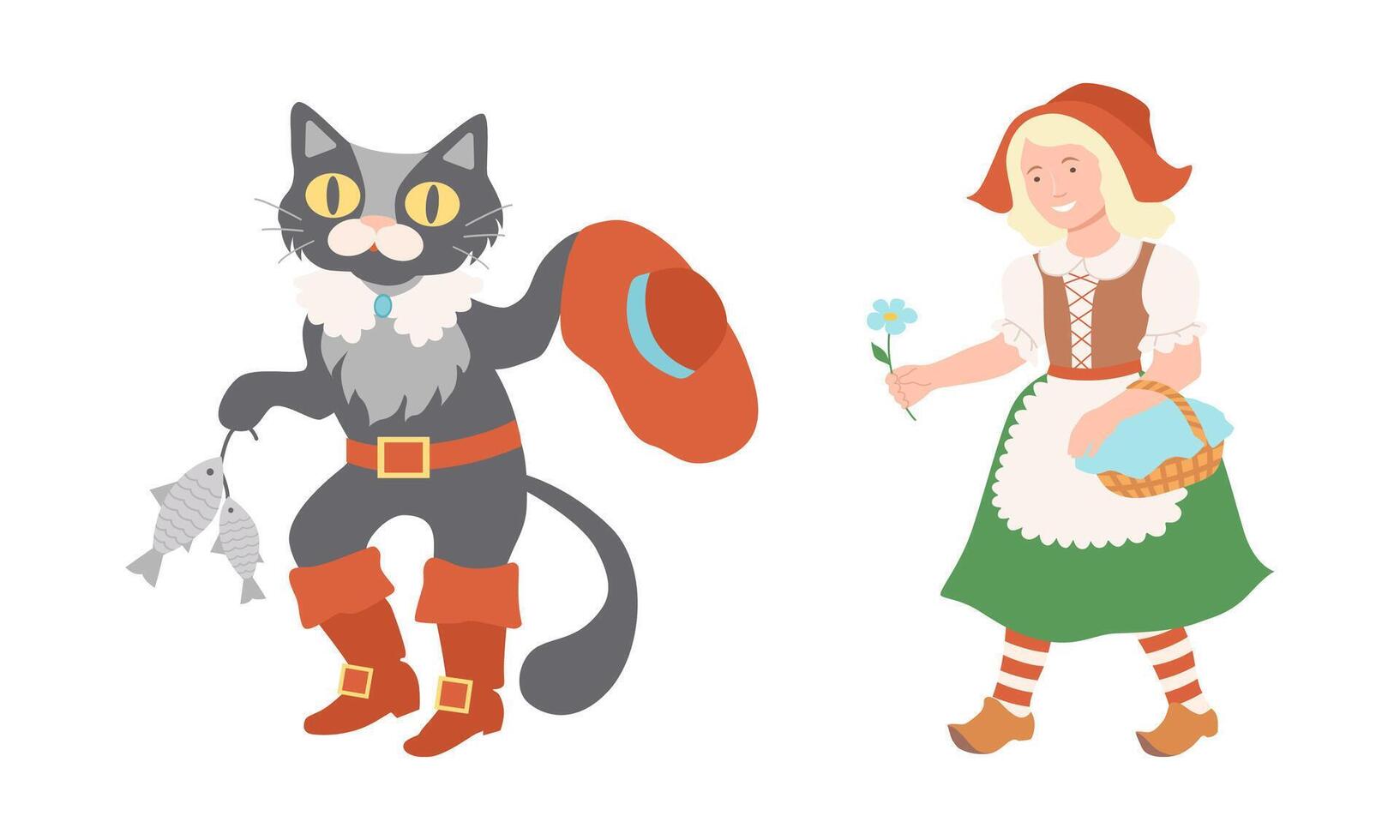 Heroes of fairy tales set. Puss in boots, Little red riding hood cartoon illustration vector