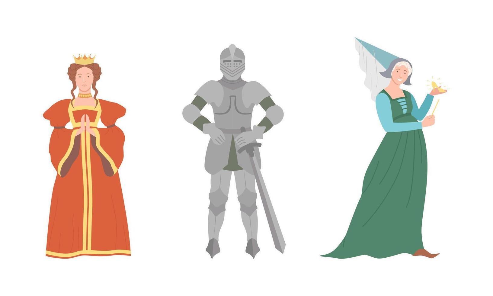 Heroes of fairy tales set. Queen, knight and fairy cartoon illustration vector