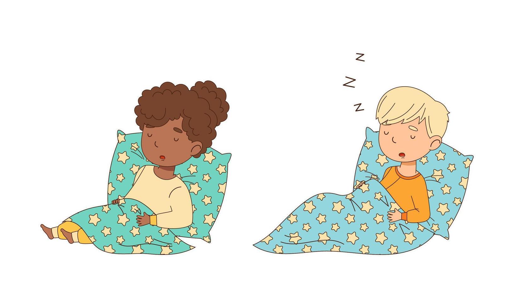 Adorable boy and girl sleeping in bed cartoon illustration vector