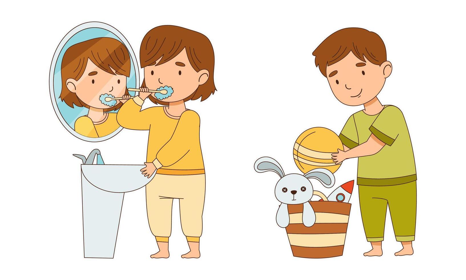 Children in pajamas brushing their teeth and storing toys preparing for sleep cartoon illustration vector
