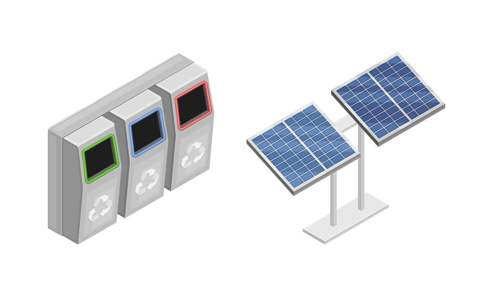 Waste sorting and recycling, solar panels isometric illustration vector