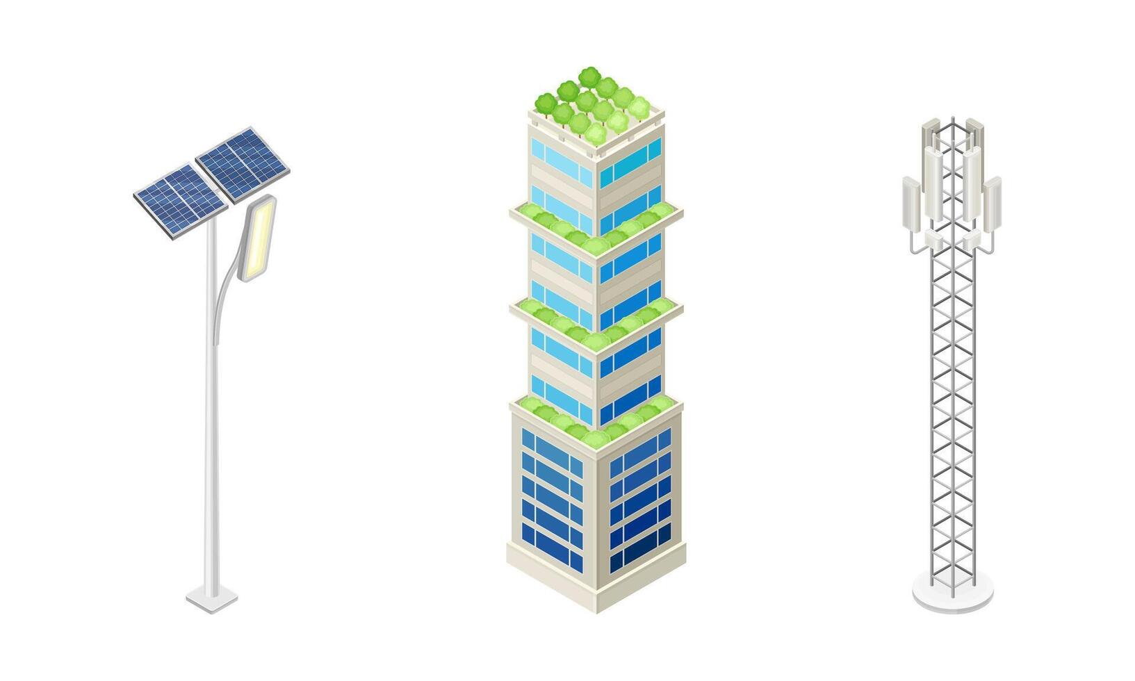Solar panels, telecommunication tower and green skyscraper building with plants growing on facade and roof isometric illustration vector