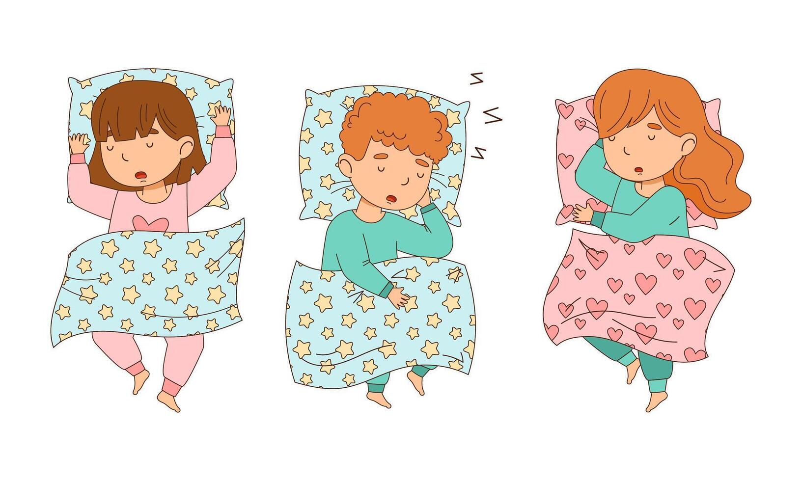 Cute little boy and girls sleeping in their beds cartoon illustration vector