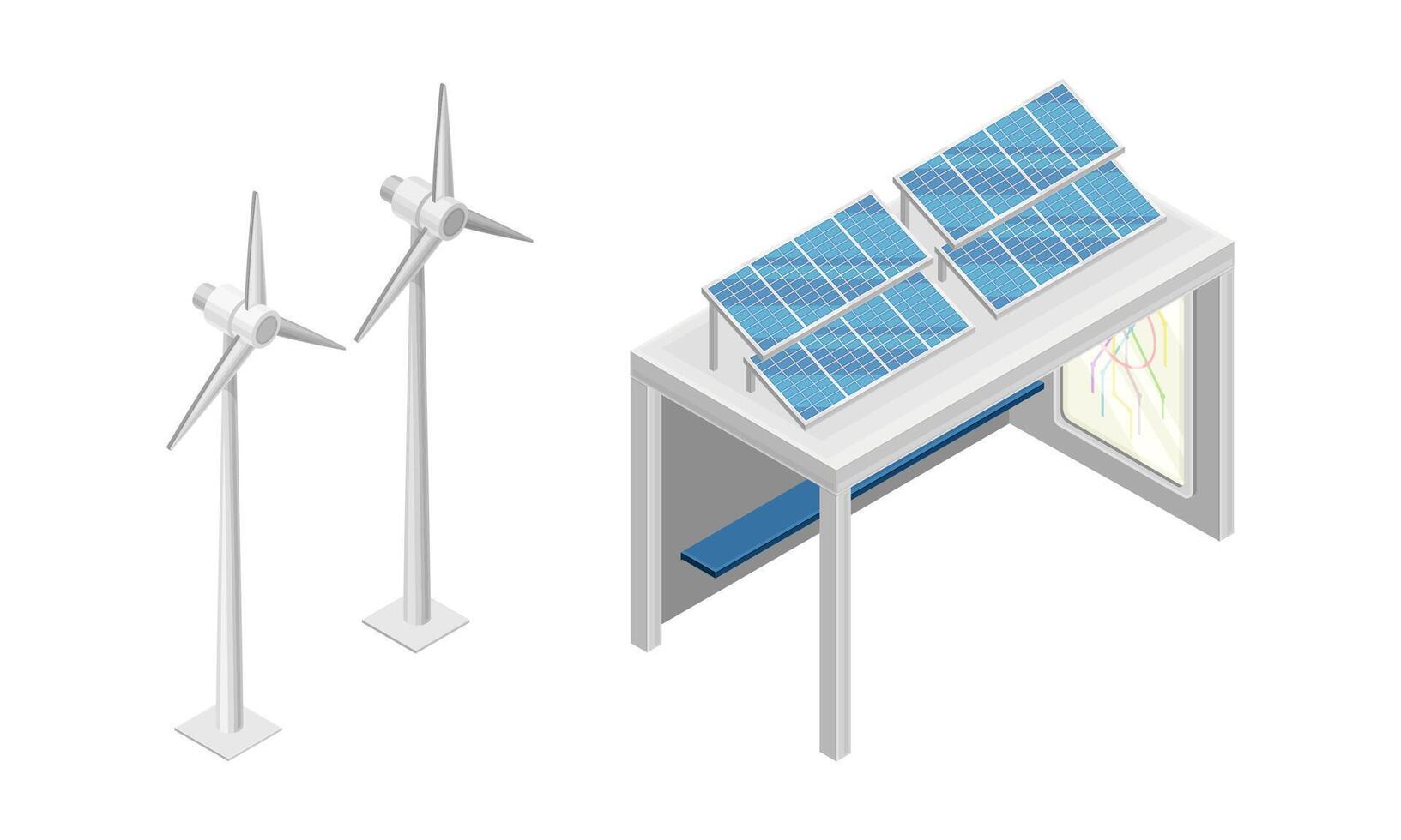 Wind power turbines, solar panels. Eco energy isometric illustration vector