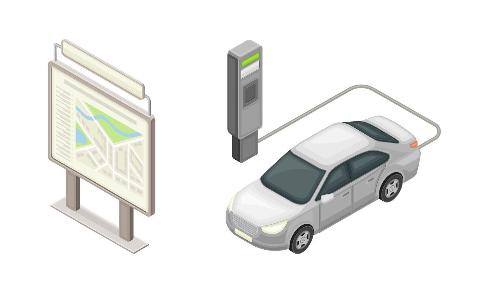 Information stand with city map and electric car charging at charger station isometric illustration vector