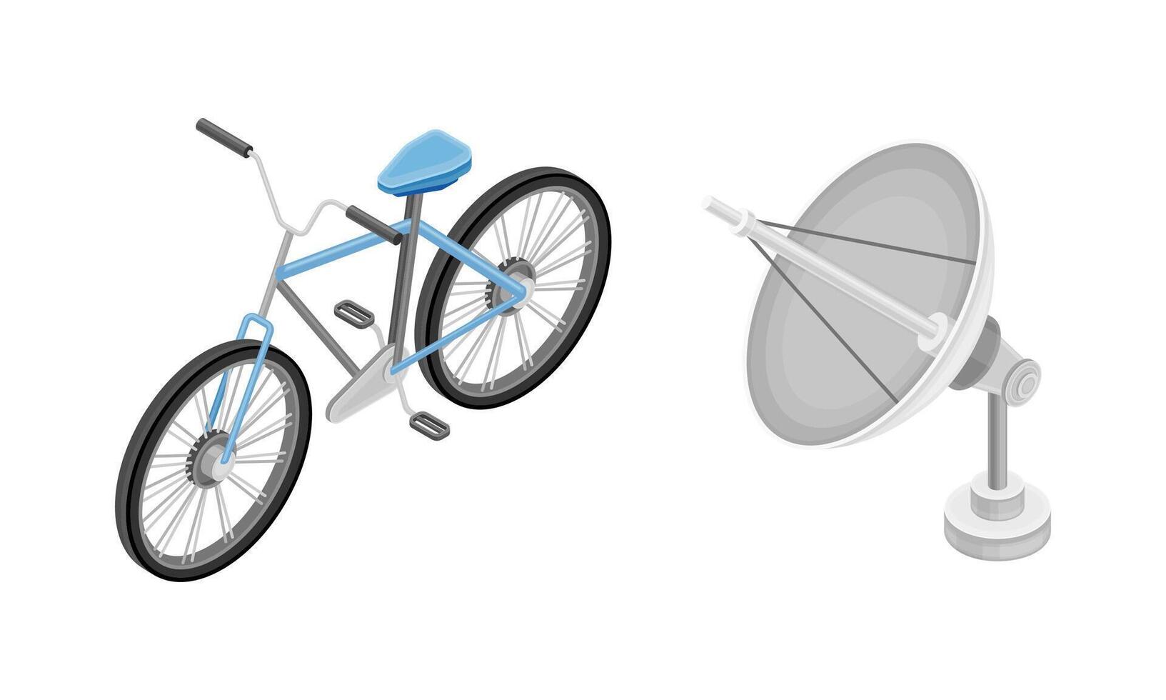Satellite dish antenna and bicycle isometric illustration vector