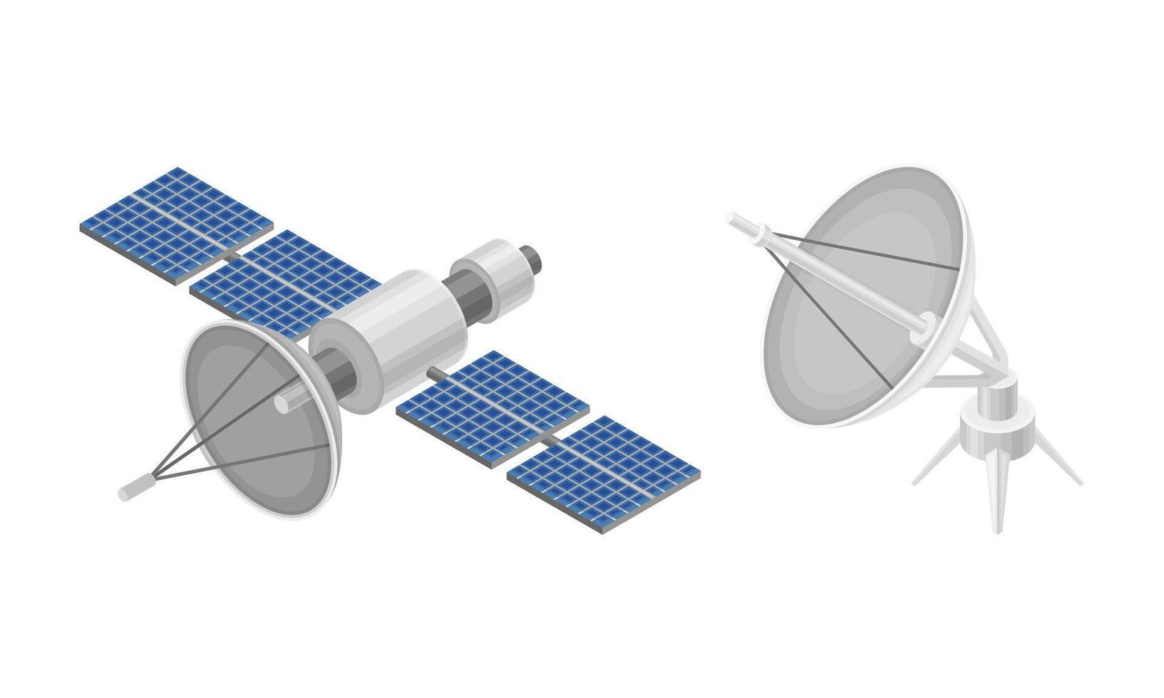 Space orbital satellite and dish antenna, wireless communication equipments isometric illustration vector