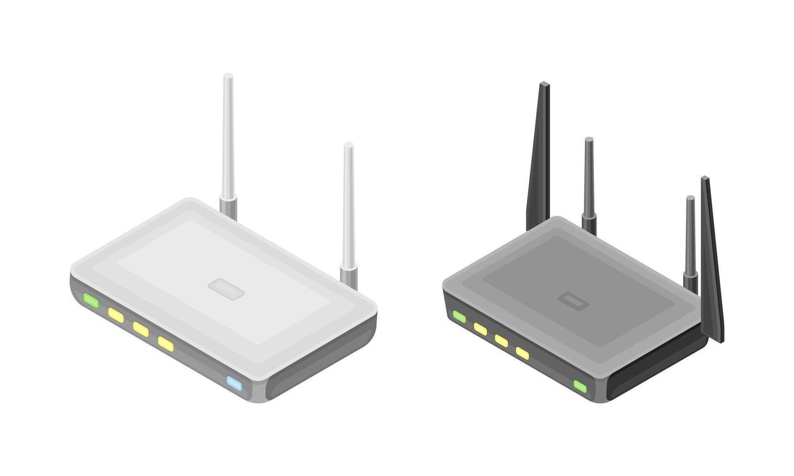 Wireless routers with antenna, modern wireless mobile devices isometric illustration vector