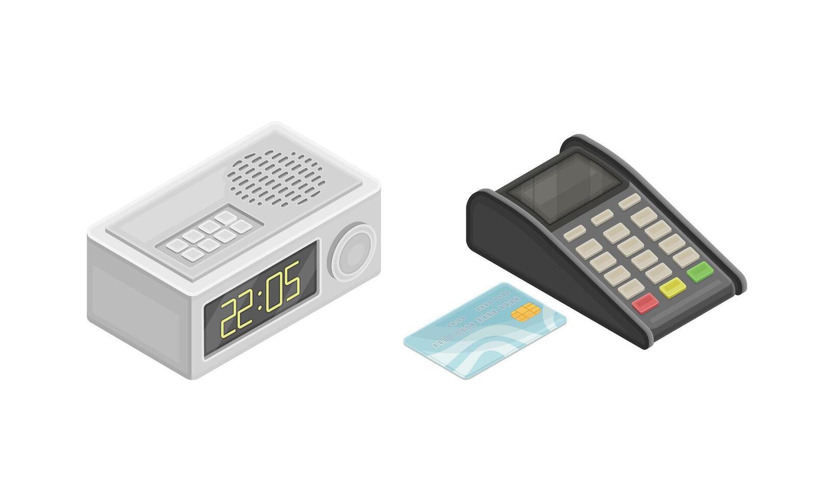 Alarm clock with radio receiver and terminal for payment by card, modern wireless mobile devices isometric illustration vector