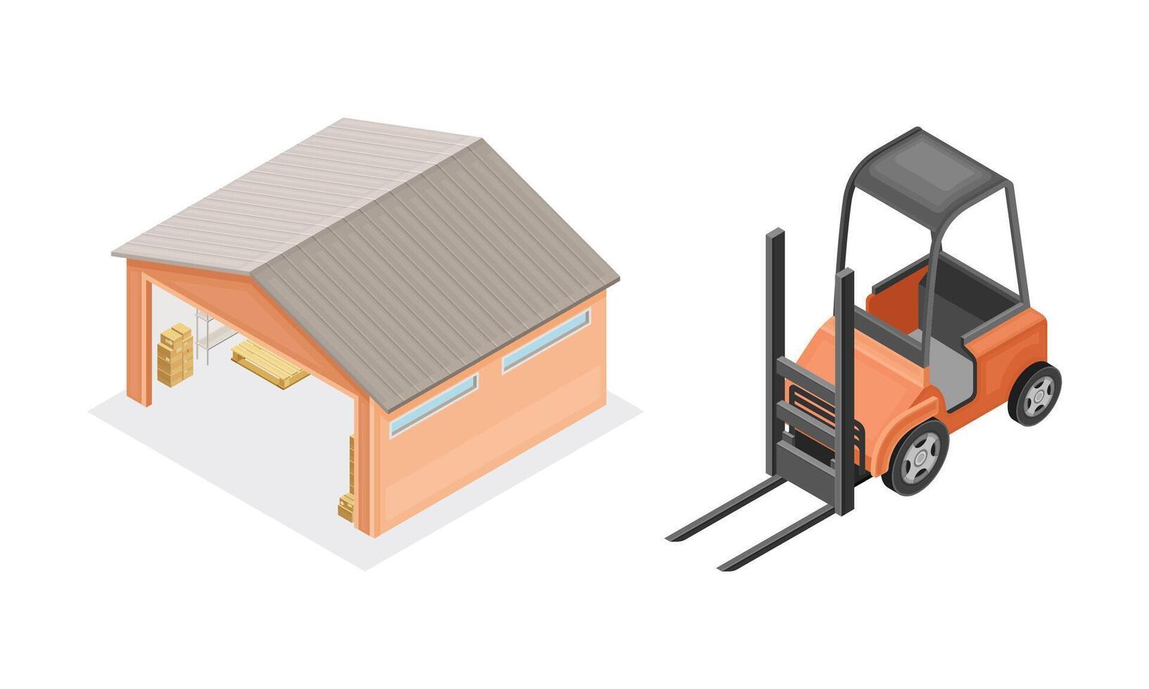 Warehouse objects set. Warehouse building and forklift truck. Storage and logistic concept isometric illustration vector