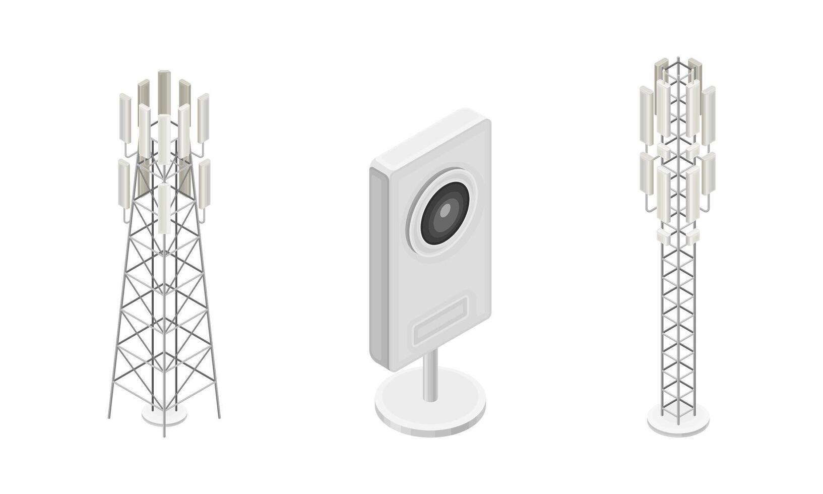 Telecommunication tower and webcam. Wireless technology devices isometric illustration vector
