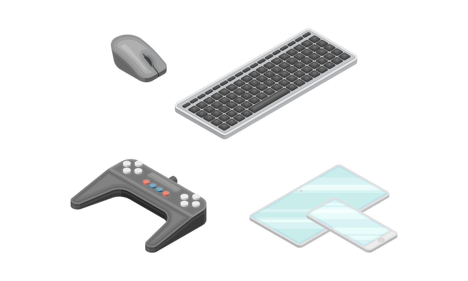 Keyboard, computer mouse, game controller and smartphone. Modern wireless mobile devices isometric illustration vector